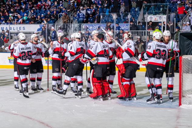Belleville Senators exchange congratulations after a win