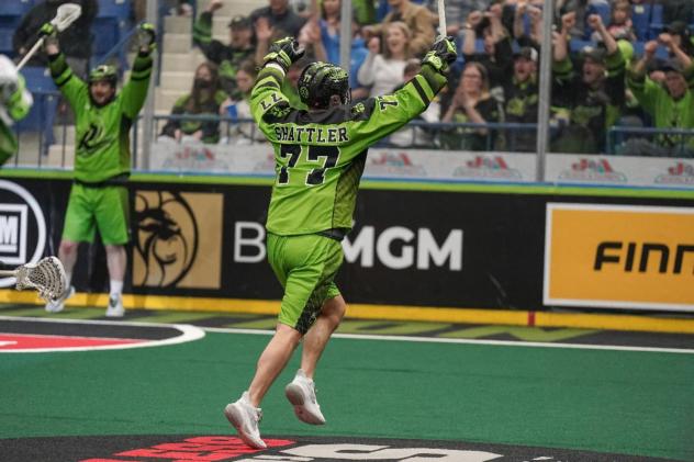 Jeff Shattler of the Saskatchewan Rush reacts after a goal