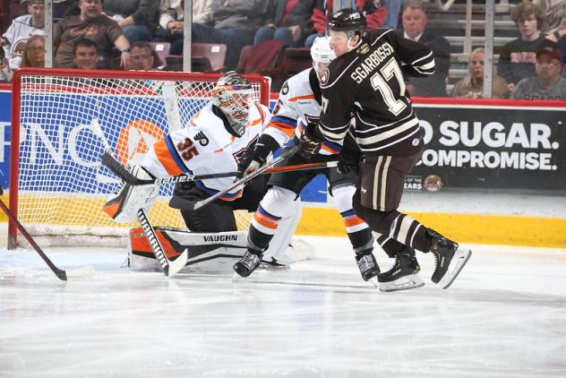 Lehigh Valley Phantoms goaltender Pat Nagle faces the Hershey Bears