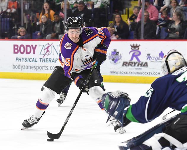 Reading Royals forward Patrick Bajkov prepares to unleash a shot against the Maine Mariners