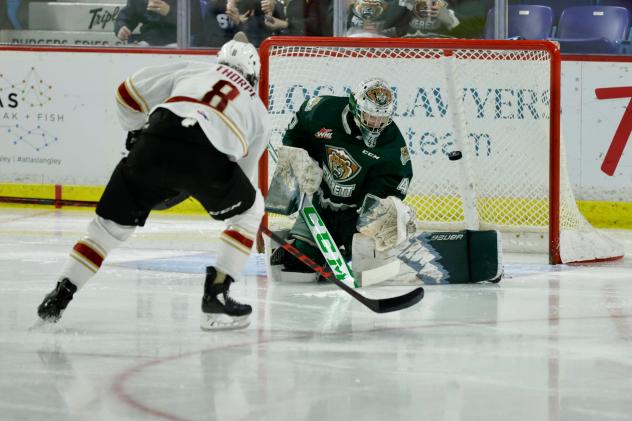 Ty Thorpe of the Vancouver Giants scores against the Everett Silvertips