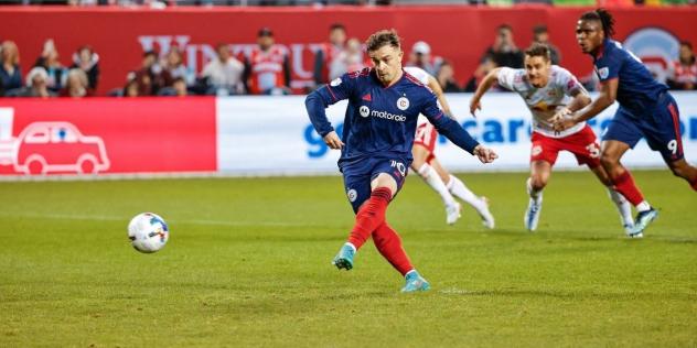 Chicago Fire FC midfielder Xherdan Shaqiri plays the ball ahead against the New York Red Bulls