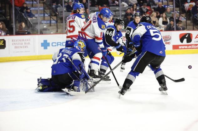 Saint John Sea Dogs goaltender Thomas Couture makes a stop against the Moncton Wildcats