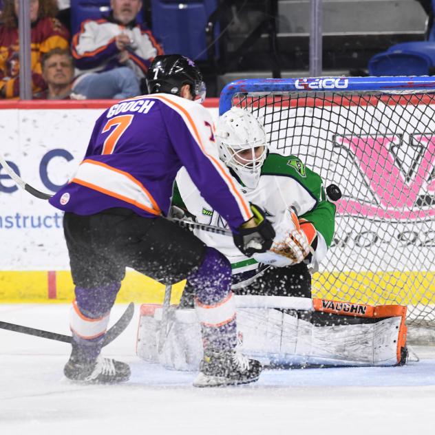 Reading Royals forward Trevor Gooch watches his shot against the Maine Mariners