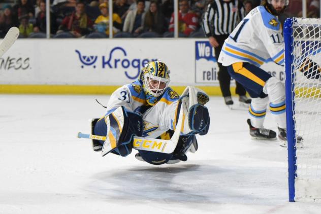 Atlanta Gladiators goaltender Chris Nell makes a diving save