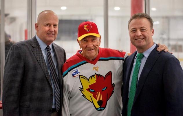New Mexico Ice Wolves Team Owner Stan Hubbard, John Mayasich and NAHL Commissioner Mark Frankenfeld
