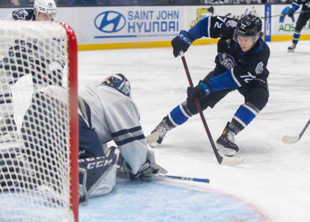 Saint John Sea Dogs left wing Olivier Picard fires a shot against the Rimouski Océanic