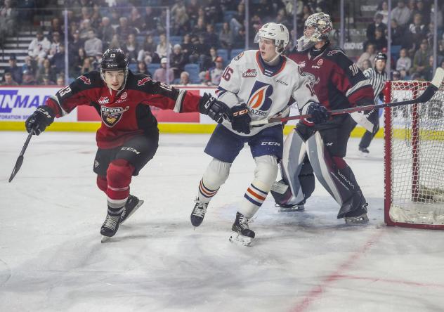 Vancouver Giants defenceman Damian Palmieri and goaltender Jesper Vikman vs. the Kamloops Blazers