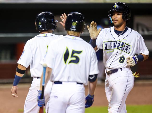 Enrique Valdez of the Columbia Fireflies scores after his three-run homer