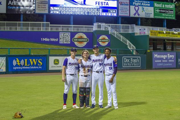 Fort Myers Mighty Mussels pitchers David Festa, Jaylen Nowlin and Hunter McMahon along with catcher Dillon Tatum
