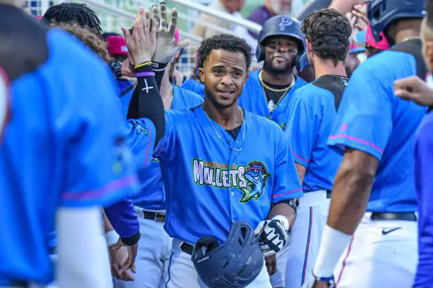 Ray-Patrick Didder receives high fives in the Pensacola Blue Wahoos dugout