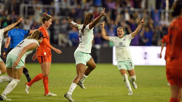 Racing Louisville FC reacts after Jess McDonald's goal against the Houston Dash