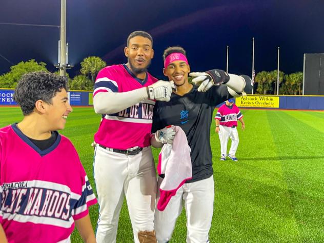 Pensacola Blue Wahoos celebrate a walk-off win