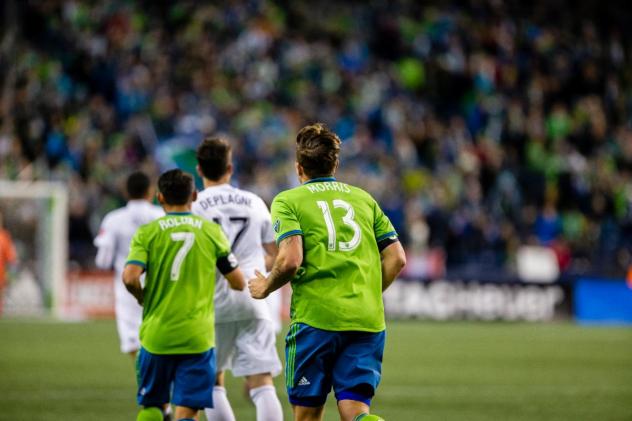 Jordan Morris and Cristian Roldan of Seattle Sounders FC