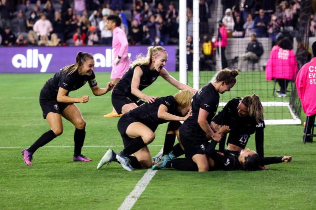 Angel City FC celebrates a goal against the Kansas City Current