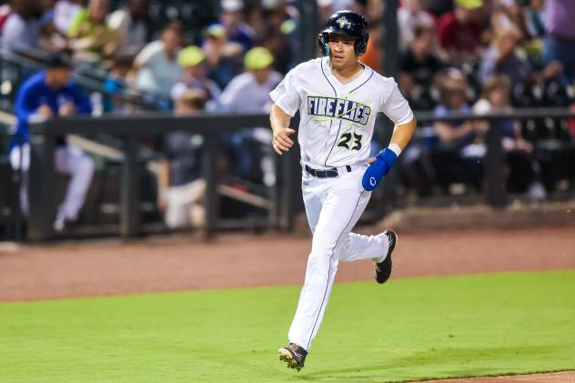 Darryl Collins of the Columbia Fireflies comes in to score