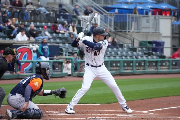 Evan White of the Tacoma Rainiers awaits a pitch