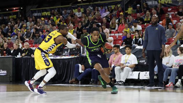 Niagara River Lions drive to the hoop against the Edmonton Stingers