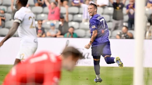 Louisville City FC forward Cameron Lancaster reacts after a goal against FC Tulsa