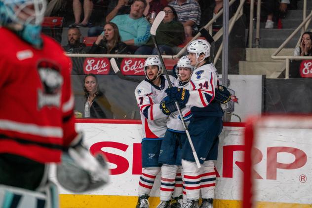 Springfield Thunderbirds celebrate a goal against the Charlotte Checkers