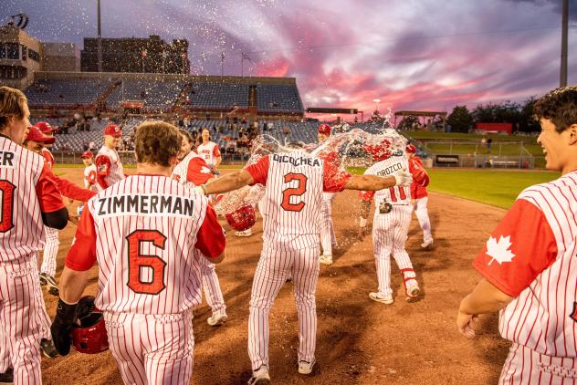 Ottawa Titans celebrate Jason Dicochea's walk-off base-hit in the tenth inning
