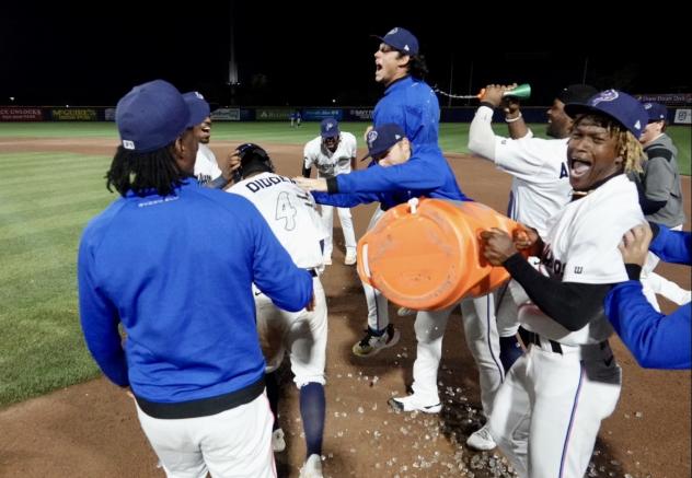 Pensacola Blue Wahoos celebrate a Walk off Win