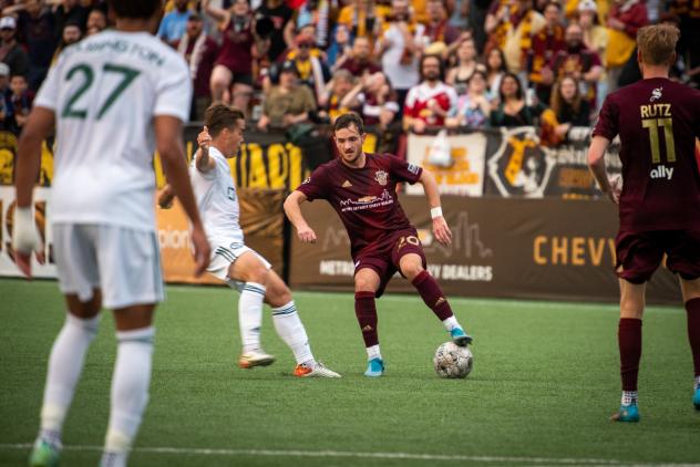 Detroit City FC defender Deklan Wynne handles the ball