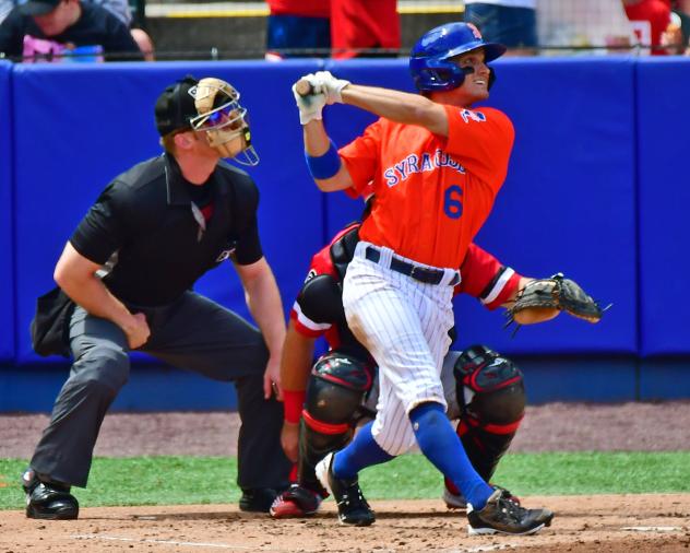 Jake Mangum tied a career high with four hits on Friday night for the Syracuse Mets