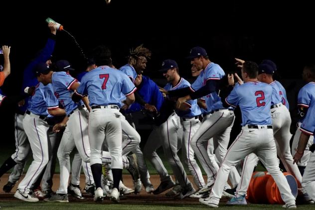 Pensacola Blue Wahoos celebrate a walk-off win