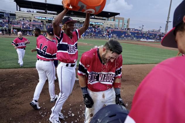 Pensacola Blue Wahoos serve a Gatorade shower after a walk-off win