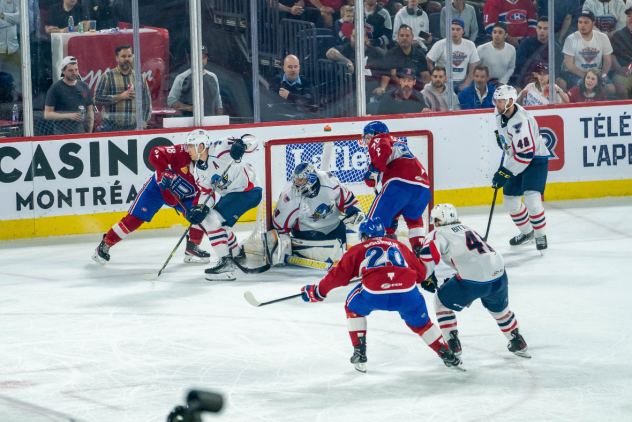 Springfield Thunderbirds goaltender Joel Hofer defends against the Laval Rocket