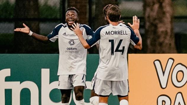 South Georgia Tormenta FC reacts after Kingsford Adjei's goal against the Northern Colorado Hailstorm FC