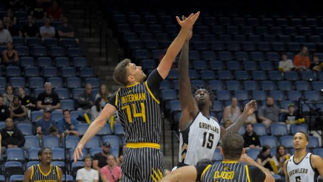 Zane Waterman of the Hamilton Honey Badgers jumps for the ball against the Newfoundland Growlers