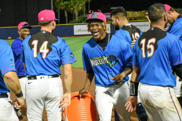 Pensacola Blue Wahoos and Norel González react after a walk-off win