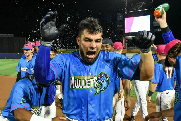 Pensacola Blue Wahoos and Norel González react after a walk-off win
