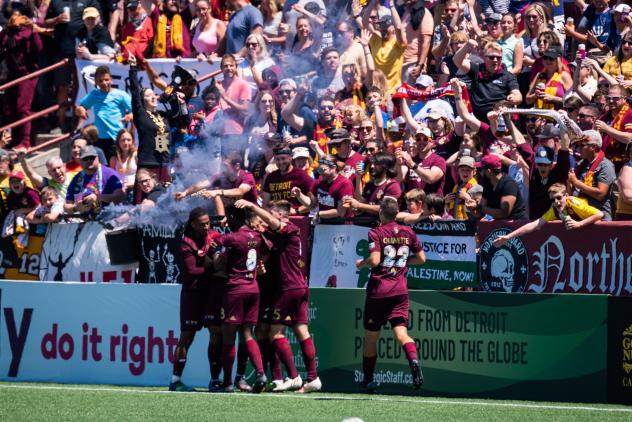 Detroit City FC celebrates Botello Faz's goal