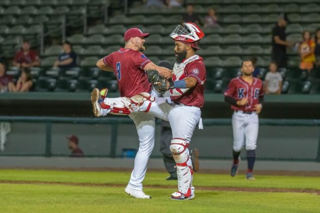 Kansas City Monarchs pitcher Jameson McGrane and catcher Alexis Olmeda