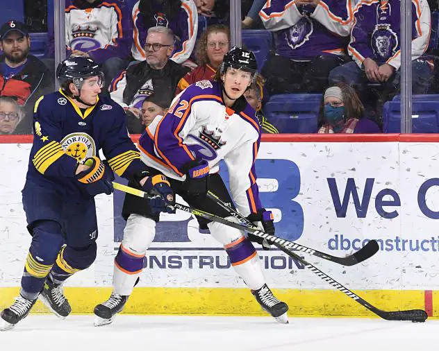Tyler Kirkup playing the puck for the Reading Royals against the Norfolk Admirals
