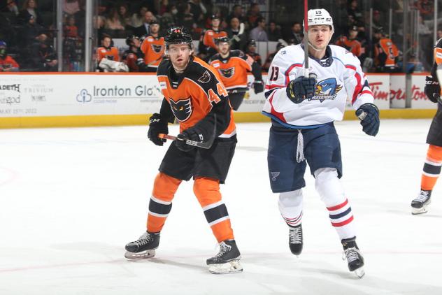 Lehigh Valley Phantoms center Matt Alfaro (left)