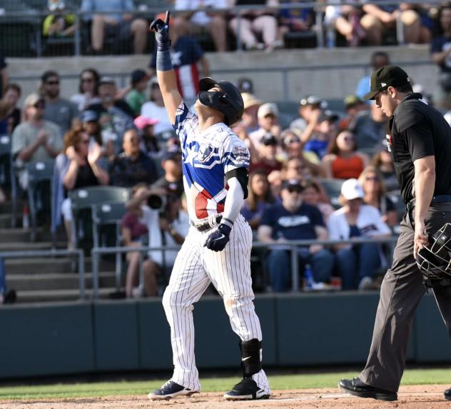 Jesus Bastidas of the Somerset Patriots reacts after his home run