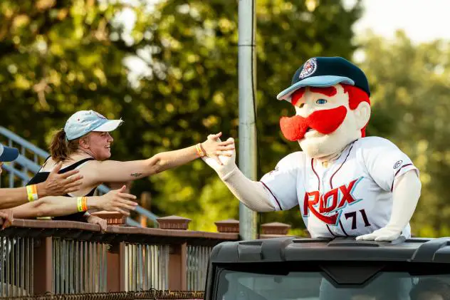 St. Cloud Rox mascot Chisel greeting fans