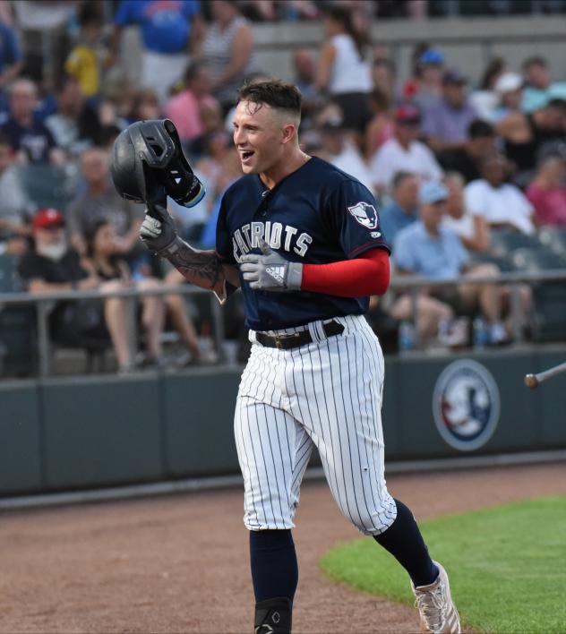 Elijah Dunham of the Somerset Patriots celebrating a home run
