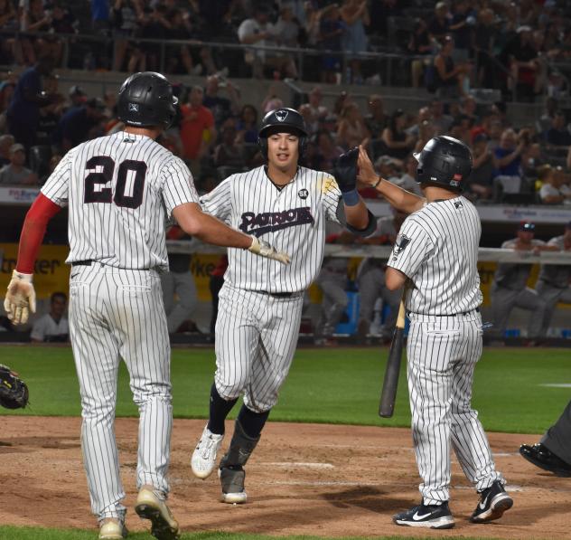 Anthony Volpe of the Somerset Patriots is greated at home plate