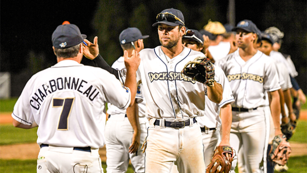 Fond du Lac Dock Spiders' manager Zac Charbonneau congratulating the team
