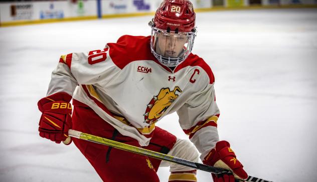 Forward Liam MacDougall with Ferris State University