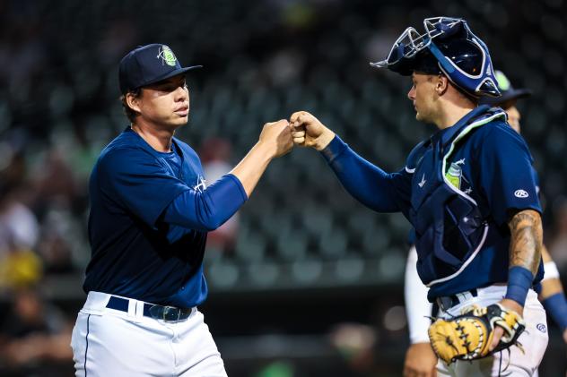 Columbia Fireflies pitcher Luis Barroso and catcher Carter Jensen