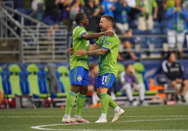 Seattle Sounders FC react after a goal against Houston Dynamo FC