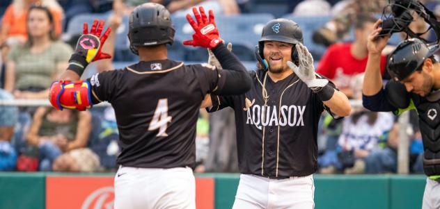 Robert Perez, Jr. of the Everett AquaSox receives a greeting at home plate
