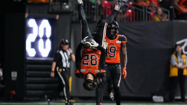 B.C. Lions wide receiver Jacob Scarfone celebrates with a flip