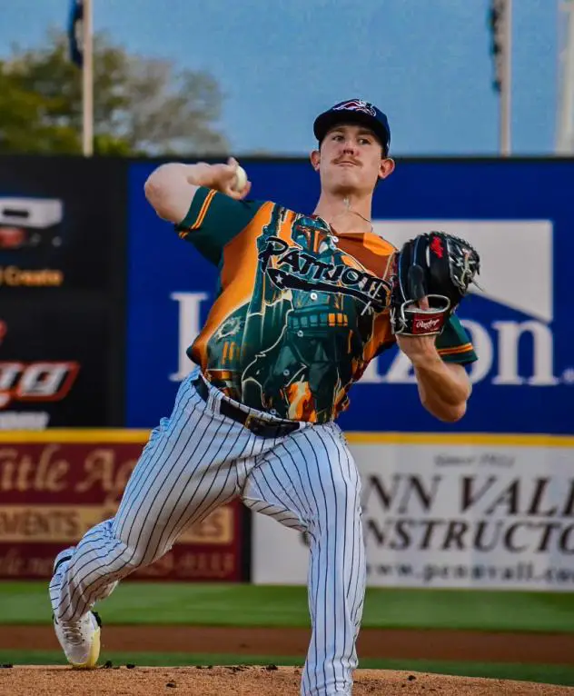 Somerset Patriots' Clayton Beeter on the mound in a Boba Fett jersey